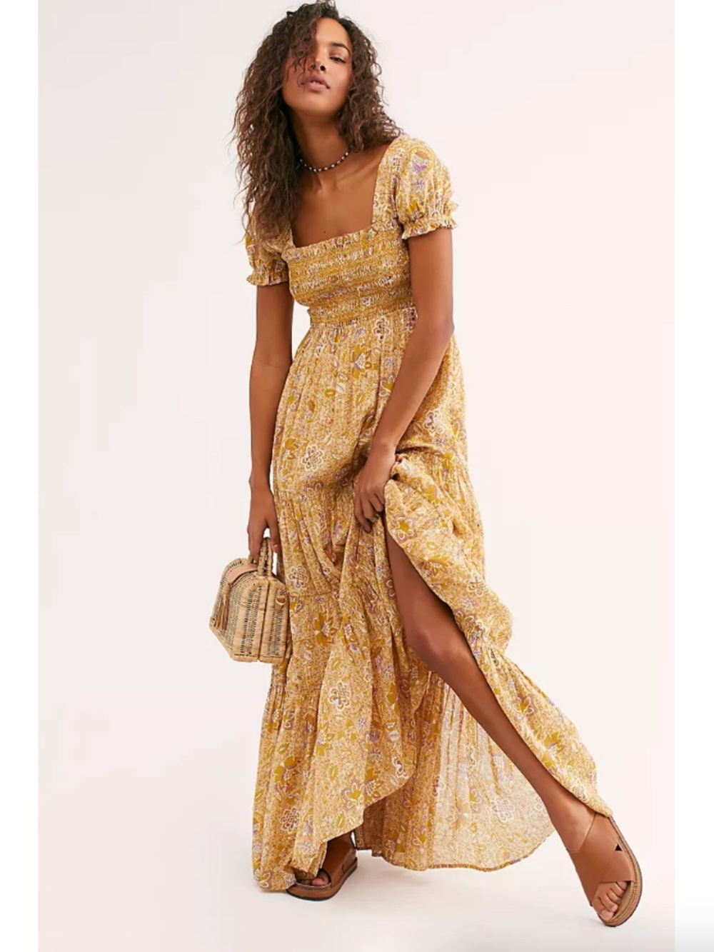 Free People Getaway Floral Tiered Smocked Maxi Dress Tea Combo Women’s Small